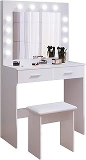 Jooli H White Dressing Table Set with Hollywood LED Lights Mirror, Vanity Makeup Table 2 Large Drawers and Stool