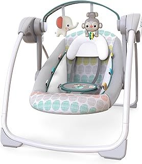 Bright Starts, Whimsical Wild Portable Compact Automatic Baby Swing with Music and Taggies, Removable Toy Bar with 2 Toys, Reclinable, 5 Point Harness, Newborn and up