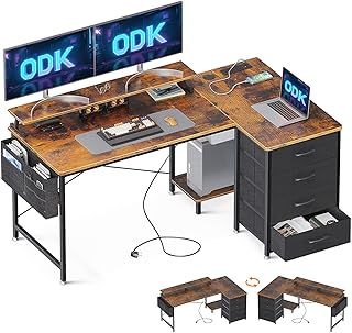 ODK Corner Desk with Drawers, L Shaped Computer Desk with USB Charging Port & Power Outlet, Home Office Desk with Monitor Stand and PC Stand, 140x80cm Gaming Desks Workstations, Rustic Brown