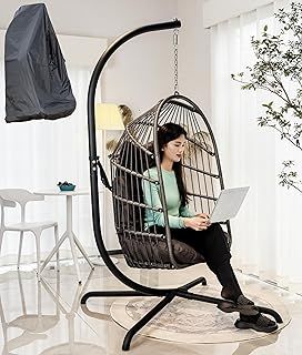 Mojia Outdoor Egg Chair With Stand, Patio PE Wicker Hanging Hammock Chair With UV Resistant Cushion and Cover for Garden, Backyards, Poolside, Bedrooms, 190KG Weight Capacity (Beige)