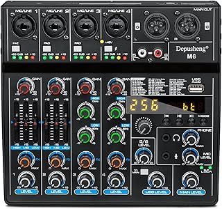 Depusheng M6 DJ mixer Portable Bluetooth MP3 6 channel Sound Mixing Console Built in 256 digital effects with 48V Phantom Power USB interface for computer recording Live Streaming Podcasting Karaok