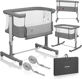 lionelo Aurora 3in1 Baby Bedside Cot Co-Sleeper for Babies From Birth to 9kg, Adjustable Height & Incline, Mattress, 4 Lockable Wheels, Breathable Mesh Panels, Portable, Washable, Carry Bag, Straps