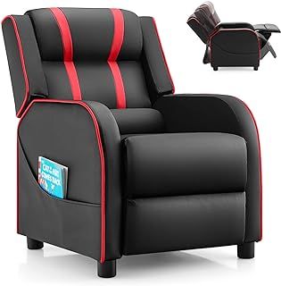 COSTWAY Children Recliner Chair, PU Leather Kids Armchair Sofa with Adjustable Backrest & Footrest, Side Pocket, Upholstered Gaming Lounger for Boys Girls (Black+Red)