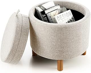 COSTWAY Linen Round Footstool, 4-in-1 Pouffe Storage Ottoman with Tray Top and Solid Wood Legs, Modern Padded Seat Footrest Vanity Stool for Living Room Bedroom Hallway (Beige)