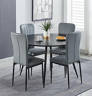 Hallowood Furniture Cullompton Round Dining Table and Chairs Set 4, Large Black Wooden Effect Dining Table (120cm) & Light Grey Faux Leather Chairs, Dining Room Set for Home & Cafe