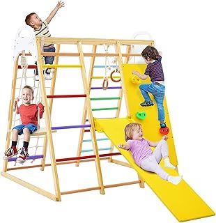 COSTWAY Kids Climbing Frame, Wooden Playground Jungle Gym with Slide, Climbing Rock/Net, Monkey Bars, Rope Ladder and Swing, Indoor Climber Playset for Toddlers (Colorful)