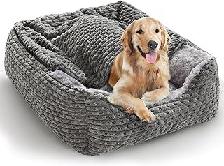 Heymamba Large Dog Bed Rectangle with Low Front Edge Design, Pet Dog Cave Bed with Hooded, Pet Beds Dog Snuggle Bed with 20,000 Rubber Particles Anti Slip Bottom for Golden Retriever,78x63x23cm