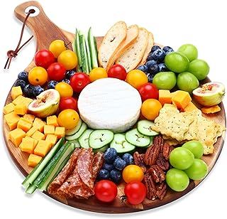 hecef Acacia Wood Large Cheese Board Charcuterie Board, Round Cutting Board with Paddle Handle for Pizza, Cheese, Fruits, Vegetables, Bread - Food Serving Tray - 12 inch