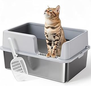 PawGiant Stainless Steel Litter Box, Extra Large Cat Litter Tray, High Sided Cat Litter Box for Medium to Big Cats, Metal Litter Tray with Lid & Litter Scoop, Non-Sticky, No Odor, Anti-Leakage