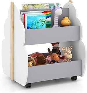 COSTWAY Kids Bookshelf with Wheels, Children Wooden Display Rack Double-sided Bookcase, Toddler Tree-shaped Toy Storage Organizer for Bedroom, Playroom and Kindergarten (Grey+White)