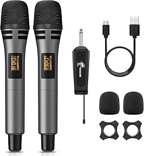 TONOR TW320 Wireless Microphones, 2x UHF Cordless Handheld Dynamic Mics with 6.35mm Rechargeable Receiver, 200ft. Range, 5 Adjustable Channels for Karaoke, Singing, DJ, Party, Speech, Grey