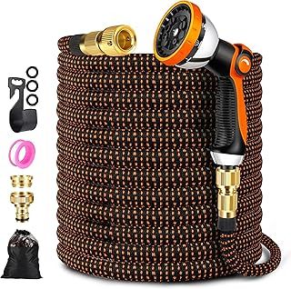 100FT Garden Hose, Durable Expandable Garden Pipe with 10 Spray Pattern Nozzle & Solid Brass Connectors, Strength Fabric 3750D, Heavy Duty Garden Hose with 4-Layer Latex core-30m/100ft
