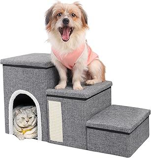 Dog Stairs for High Bed and Couch, 75L*35B*43H cm, 4 in 1 Foldable Pet Stairs for Cats & Small and Medium Dogs, Adjustable Dog Steps with Pet Climbing Ladders/Cozy Condo/Storage Boxes/Cat Scratcher