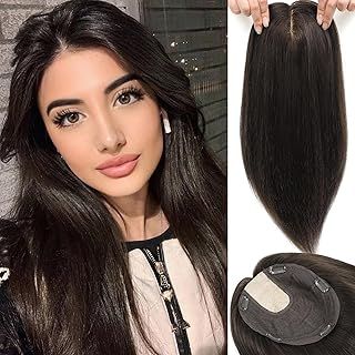 Hair Toppers for Women Real Human Hair Hair Pieces for Women Human Hair Toppers No Bangs 7.5x8 inch Lace Base Clip in Topper Wiglets Hairpieces for Thinning Hair 15 inch Dark Brown