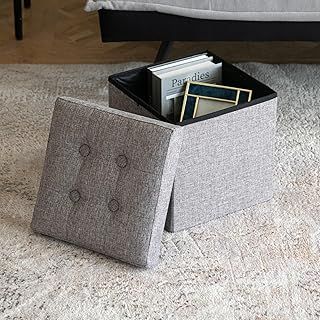 Oak & Tea Foldable Ottoman Storage Seat, Folding Foot stool with storage, Shoes Changing Stool, Foot Rest Storage Boxes with Lid, for Bedroom Living Room, Brownish Grey 30x30x30cm