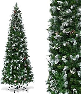 Snow Flocked Pencil Christmas Tree, 5FT/6FT/7.5FT Slim Christmas Tree with Pine Cones and Metal Stand, Hinged Xmas Tree Holiday Decoration for Home, Office, Shops & Hotels
