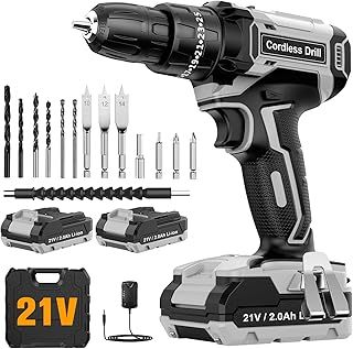 Cordless Drill Driver 21V, Cordless Hammer with 2 Batteries 2000mAh, 25+3 Torque, 42N.m Max Electric Drill, 14PCS Drill Bits, 2 Speed, LED Light for Home and Garden DIY Project, Grey