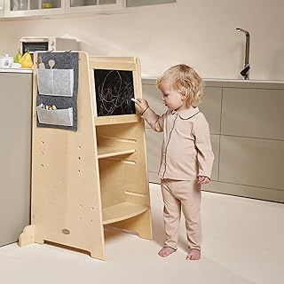 Learning Tower, Natural Wooden Toddler Steps for 18months+, Montessori Kitchen Helper for Kids Step Stool with Adjustable Shelves (Natural Wood)