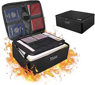 Tamfile Fireproof Document Box with Lock, 14.2''×10.6''×4'' Large Capacity File Storage Box, Fireproof Document Bag for Home/Office Passport, Certificates, Legal Files, Album and Valuables, Black