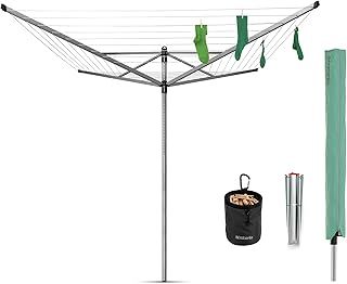 Brabantia - Lift-O-Matic - 50M of Clothes Line - Adjustable in Height - UV-Resistant & Non-Slip Lining - Umbrella System - with Ground Spike 45 mm & Cover - Metallic Grey