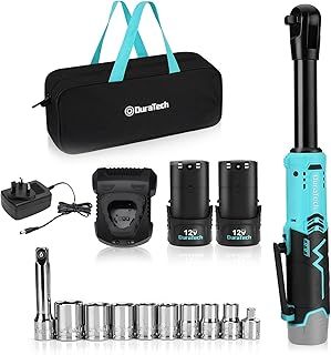 DURATECH 12V Extended Cordless Ratchet Wrench with Tool Bag, 3/8” Electric Cordless Ratchet, Torque 60N.m, 180RPM with LED Light Impact Gun, Electric Ratchet Wrench with Fast Charge &Canvas Bag