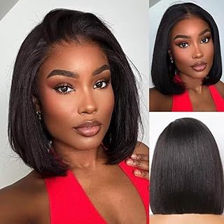 Bob Wig Human Hair Wear and Go Glueless Wig Kinky Straight 4x4 HD Lace Front Wigs Human Hair Pre Plucked Pre Cut 180% Density Brazilian Virgin Yaki Human Hair Wigs For Women 10 Inch Short Bob Wig