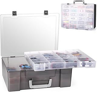 Toy Organizer.72 Compartments.Toy Storage Box Compatible With Hot wheels Cars, Matchbox Cars,Mini Toys and Small Dolls.Toy Storage Display Case With 3 Layers of Removable Trays (Black)