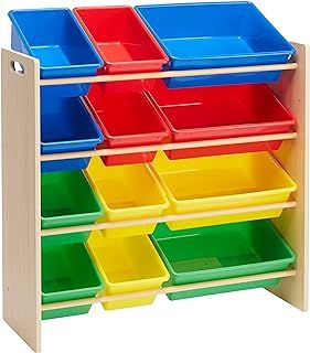 Amazon Basics Kids’ Toy Storage Organizer with Plastic Bins, Natural Wood with Bright Bins, 12 count (Pack of 1), 27.7 D x 85.3 W x 79 H cm