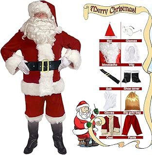 Santa Suit, 10 PCS Men's Christmas Adult Santa Claus Costum, Cosplay Suit Fancy Dress Outfit, Size XL
