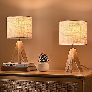 EDISHINE Bedside Lamps Set of 2, Wood Bedside Table Lamp, Tripod Desk Lamp with Beige Linen Lampshade, On-Off Switch, Desk Lamps for Living Room, Bedroom, Office, E27 Base, Linen