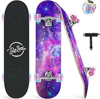 BELEEV Skateboards, 31 x 8 inch Complete Skateboard for Beginners, 7 Layer Canadian Maple Double Kick Deck Concave Cruiser Trick Skateboard for Kids and Adults with Skate T-Tool