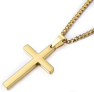 USEEDOVIA Cross Necklace for Men, 316L Stainless Steel Mens Necklace with Cross Pendant, Silver/Gold/Black Link Chain (55+5cm) Christmas Religious Birthday Gifts for Him Boys