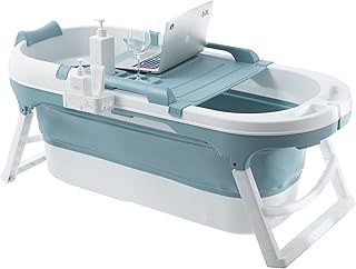 Foldable Adult Bathtub 138 * 64 * 54cm, Ideal for Small Bathrooms, with Soap Basket, Neck Pillow, Practical and Portable (138, Blue)