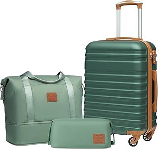 COOLIFE Suitcase Trolley Carry On Hand Cabin Luggage Hard Shell Travel Bag Lightweight with TSA Lock,The Suitcase Included 1pcs Travel Bag and 1pcs Toiletry Bag (Dark green/Brown, 20 Inch Luggage Set)