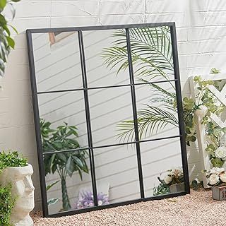 Warmiehomy Large Window Mirror Wall Garden Mirror with Metal Frame for Living Room Courtyard Garden Hallway (Black, 90x90cm)
