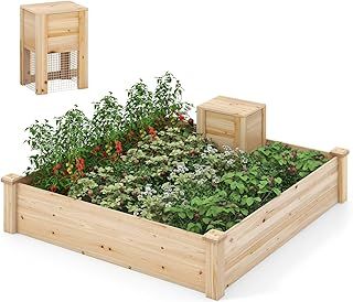 Raised Garden Bed with Compost Bin & Open-ended Bottom, 124 x 124 x 26 cm Wood Planter Box Kit for Vegetables Flowers Herbs Fruits, Elevated Square Planting Bed for Backyard Patio