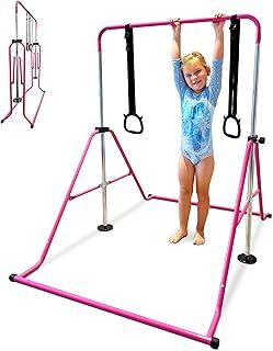 Kids Gymnastics Bar Set - Adjustable Height Folding Horizontal Bar with Gymnastic Rings for Boys Girls | Junior Gymnastics Equipment Monkey Bars for Home Gym Training Indoor Outdoor