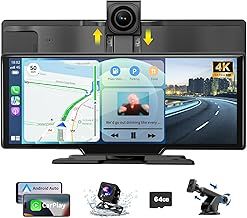 10.26" CarPlay Screen for Car, Wireless CarPlay Android Auto Car Tablet with 4K Front Camera and 1080P Rear Camera, Android Auto Car Play IPS Touchscreen with Bluetooth 64G SD Mirror Link AUX