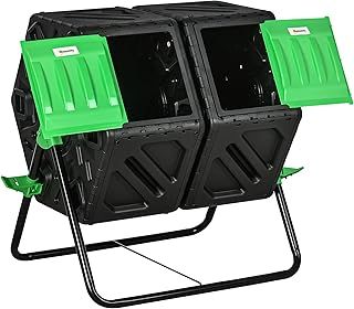 Outsunny Dual Chamber Garden Compost Bin, 130L Rotating Composter, Compost Maker with Ventilation Openings and Steel Legs, Green and Black