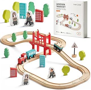 Wooden Train Set for Toddler - 39 Piece- with Wooden Tracks Fits Thomas/Brio/Chuggington/Melissa and Doug- Expandable, Changeable-Train Toy for 3 4 5 Years Old Girls & Boys