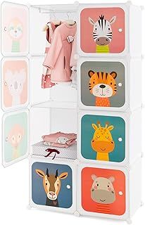 GYMAX Cartoon Clothes Closet, Portable Kids Wardrobe with Hanging Section, Children Storage Unit for Bedroom Nursery (White, 8 Cubes Animal: 75 x 37 x 145cm)