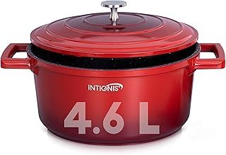 Non-Stick Casserole Dishes with lids Oven Proof -24cm -4.6L Cast Aluminium Oven Dish, Stainless Steel Base- Induction - Lighter Than cast Iron (RED)