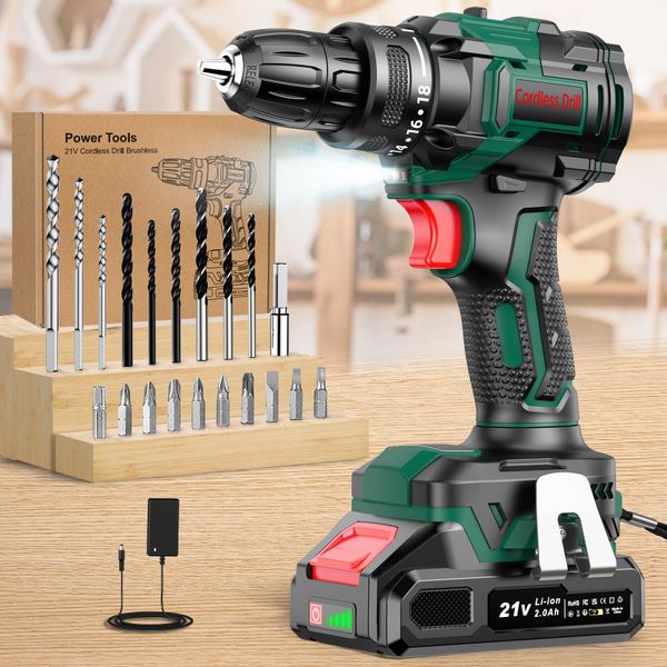 CEEIGOO Cordless Drill Brushless, 21V Electric Drill with Battery 2000mAh, 18+1 Torque, 42N.m Max PowerDrill, LED Light, 2 Speed, 20PCS Drill Bits for Home and Garden DIY Project