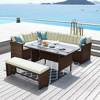 ECASA Vegas corner dining table set in rattan for garden patio conservatory and outdoor use. Garden dining set with bench, table and corner sofa. (Brown)