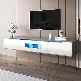 ModernLuxe TV Stand Cabinet, Floating TV Unit with Color Changing LED Lights, TV Stand Unit, 3 Storage Space, TV Cabinets for Living Room, High Gloss White Wood Mixed, 180 x 35 x 30cm