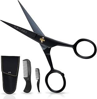 ONTAKI 5" Beard Moustache Scissors Professional German Steel 2 Comb Carrying Pouch Mustache Trimming - Hand Forged Bevel Edge Precision Men Facial Hair Grooming Kit All Body Hair Black