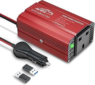 300W Power Inverter, DC 12V to AC 240V 230V Modified Sine Wave Car Inverter Voltage Converter Transformer with Dual USB Ports & UK Socket to Charge Laptop, IPad, Consoles and More - Red