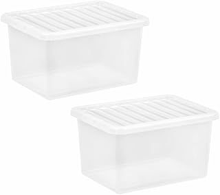 Set of 2-25L Crystal Clear Plastic Storage Container With Lid - Transparent Storage Box Home Organiser For Toys Garage Office Home & Kitchen Made in UK (25 Litre)