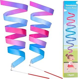 Cikyner Gymnastics Ribbon, 2 Pack Colorful Gymnastics Band with Stick, Dance Band Children Rainbow Band for School and Home Game, Ideal for Girls on Children's Birthday party or Christmas