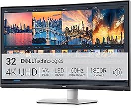 Dell S3221QSA 31.5 Inch 4K UHD (3840x2160) 1800R Curved Monitor, 60Hz, VA, 4ms, AMD FreeSync, 99% sRGB, Built-in Speakers, DisplayPort, 2x HDMI, 3x USB, 3 Year Warranty, Silver